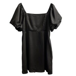 Arula Dress Womens 1X Black Satin Smocked Milkmaid Lined Mini Puff Sleeve Event